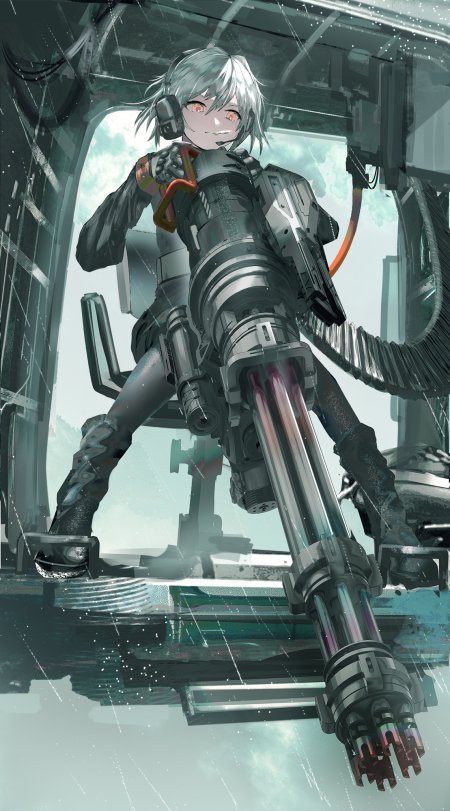 银发红瞳少女持重型机枪科幻战斗青灰动漫手机壁纸