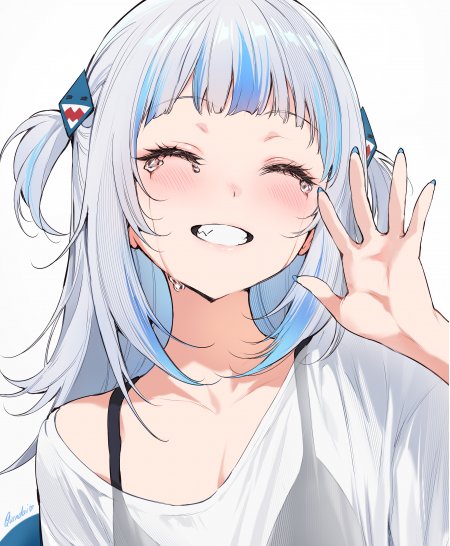 银发蓝挑染双马尾少女眨眼微笑泪光闪烁粉白动漫手机壁纸