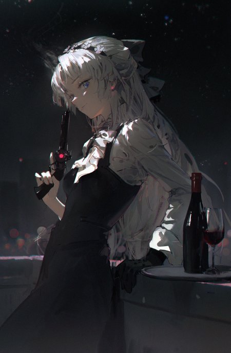 银发蓝眼少女持枪倚桌暗黑唯美动漫手机壁纸
