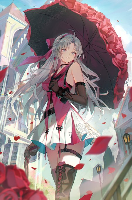 银发少女持黑伞红边玫瑰花瓣飞舞粉白动漫手机壁纸