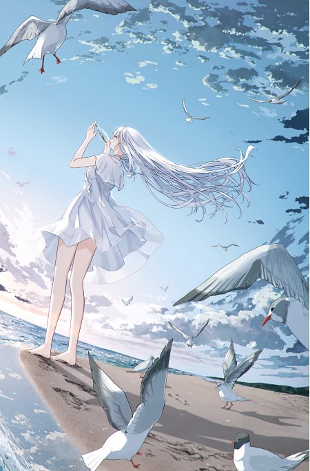银发少女海边吹笛白裙飞扬蓝白云海动漫手机壁纸