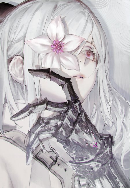 银发少女手持机械义手遮面粉白花朵点缀暗灰动漫手机壁纸