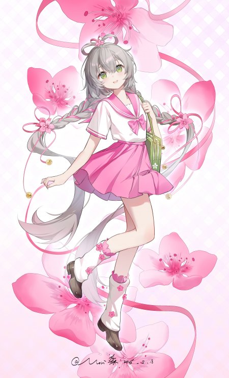 樱花少女灰发绿眸水手服粉裙飘带飞舞粉白动漫手机壁纸