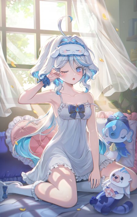 原神芙宁娜蓝白长发少女眨眼微笑窗边阳光动漫手机壁纸