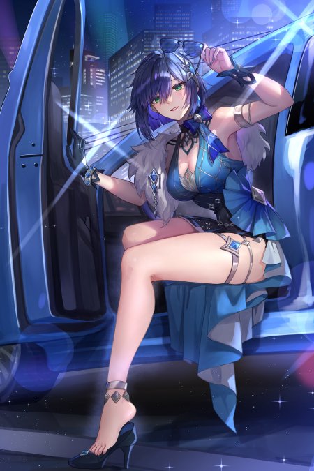 原神夜兰蓝紫长发少女坐车门都市夜景蓝紫动漫手机壁纸