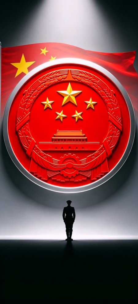 中华人民共和国国徽红旗背景军人剪影庄严红金人文风土手机壁纸