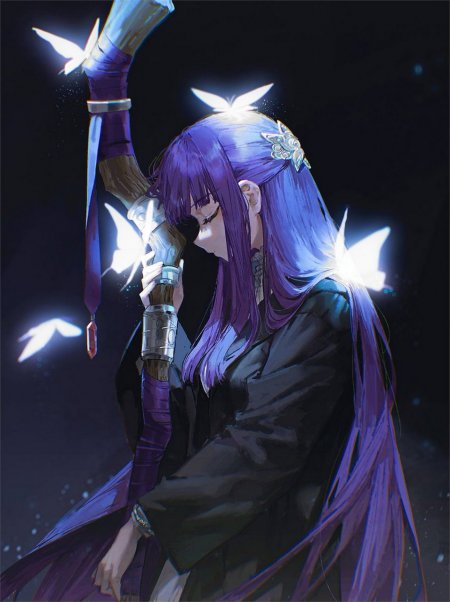 紫发少女持法杖闭眼祈祷白蝶环绕暗紫奇幻动漫手机壁纸