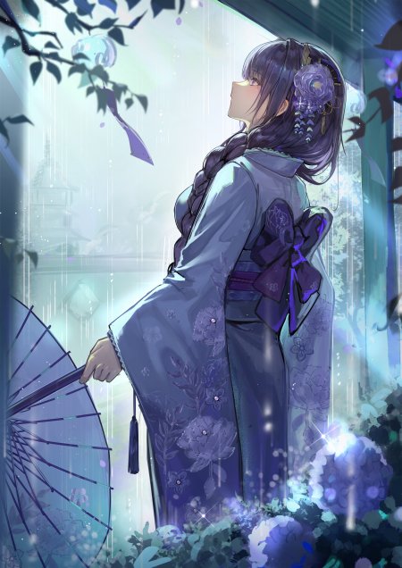 紫发少女和风和服持伞雨中伫立蓝紫梦幻动漫手机壁纸