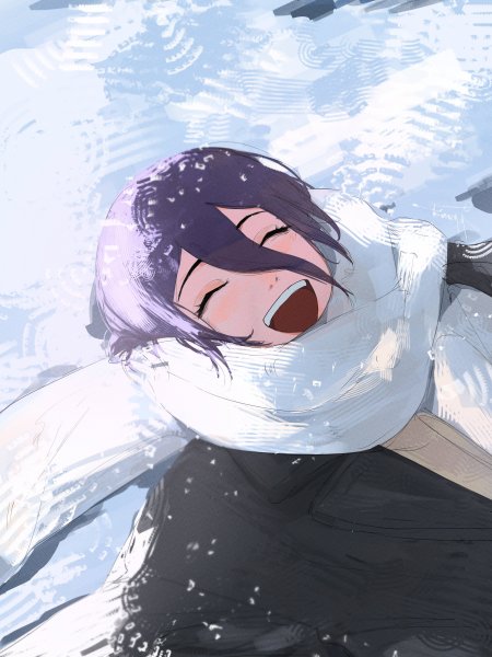 紫发少女雪中大笑闭眼蓝白动漫手机壁纸
