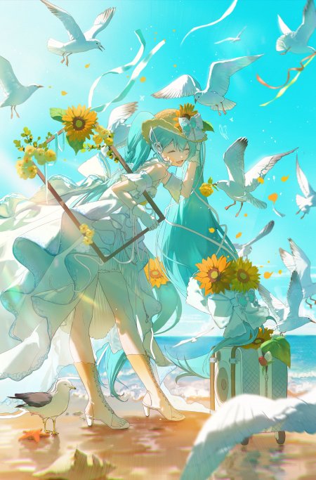 初音未来海边花束少女蓝白清新动漫手机壁纸