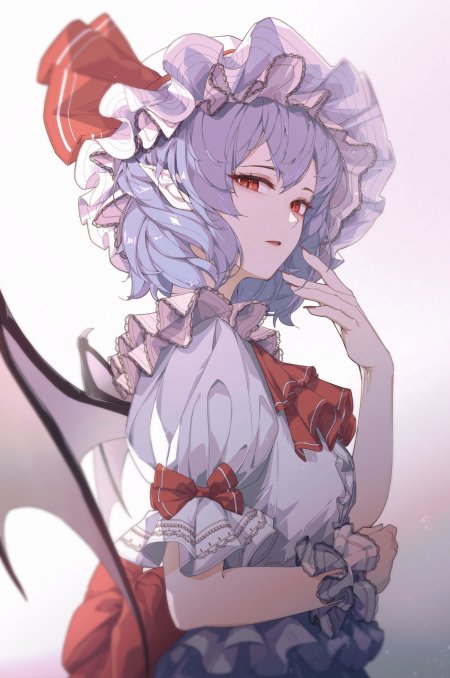 东方Project蕾米莉亚斯卡雷特紫发红瞳少女侧颜轻抚脸颊粉紫唯美动漫手机壁纸