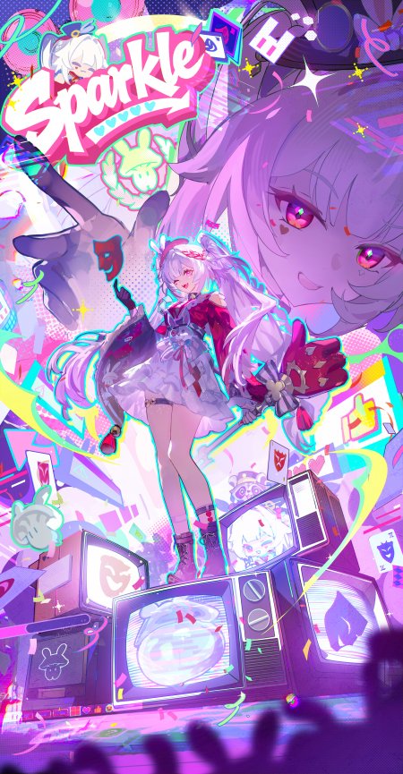动漫角色银发少女红裙持械紫粉霓虹动漫手机壁纸
