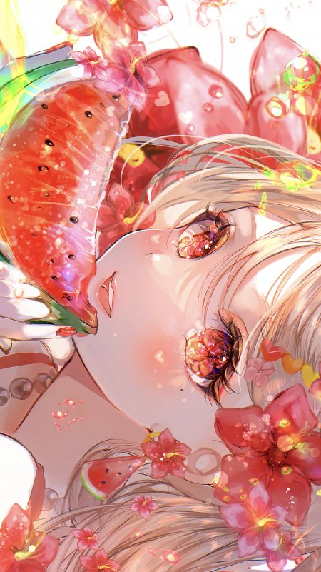动漫少女吃西瓜花瓣飞舞粉红梦幻唯美手机壁纸