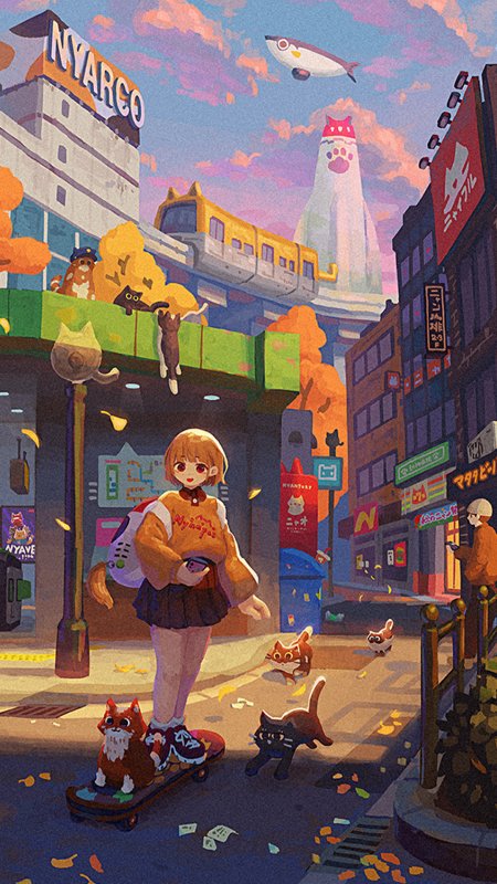 动漫少女街头滑板猫咪环绕粉紫梦幻插画手机壁纸