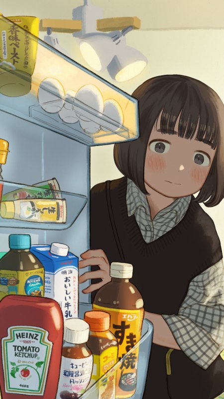 动漫少女打开冰箱拿饮料暖黄日常插画手机壁纸