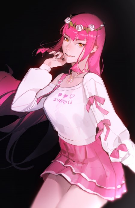 粉色长发戴花环少女白衫粉裙微笑侧身粉紫动漫手机壁纸