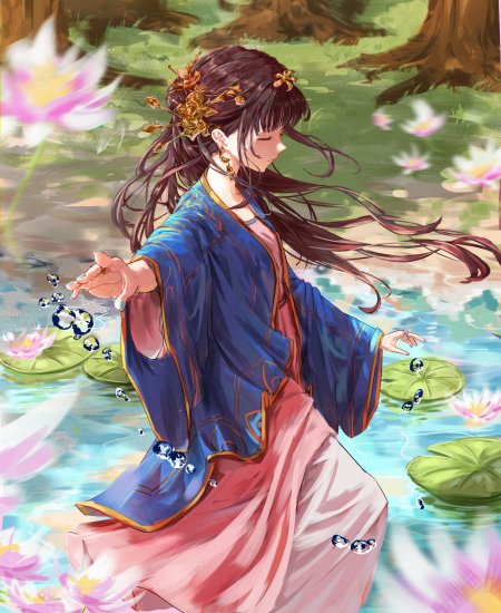 古风少女蓝袍粉裙莲池轻抚水珠青绿唯美动漫手机壁纸