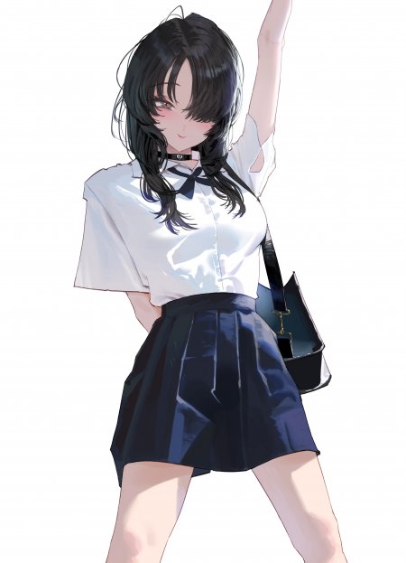 黑发少女白衬衫黑裙举手微笑粉白动漫手机壁纸