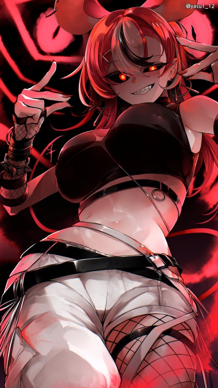 红发恶魔少女黑衣白裤赤瞳微笑暗红动漫手机壁纸