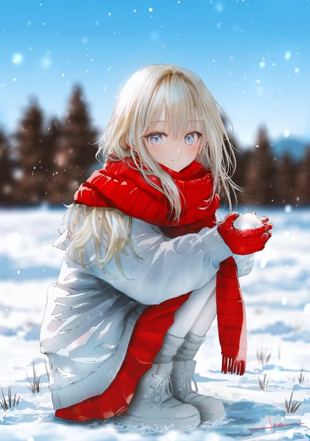 金发蓝眼少女雪地蹲坐捧雪红围巾白裙冬日动漫手机壁纸