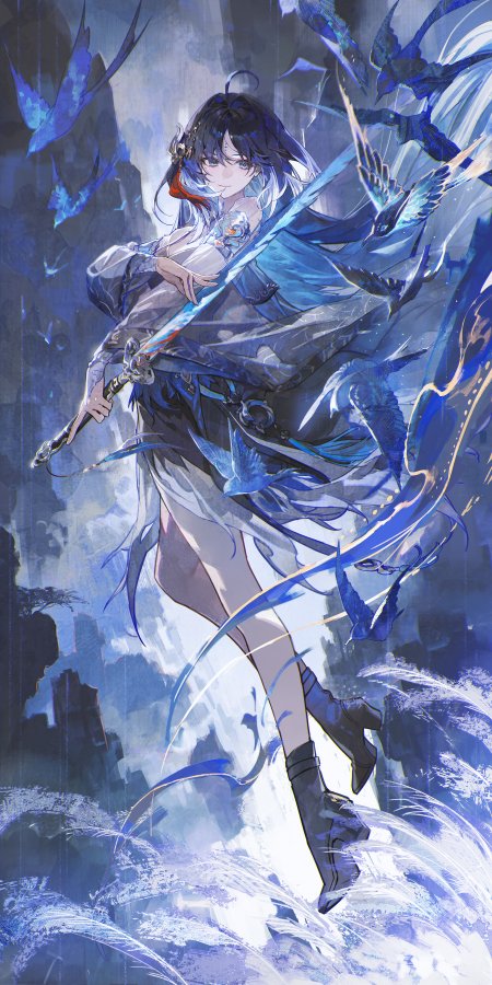 蓝发少女持剑御风青鸟环绕蓝白幻想动漫手机壁纸