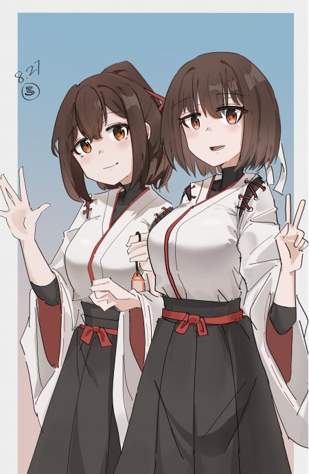 两位棕发橙瞳少女白红黑和服比手势蓝灰背景动漫手机壁纸