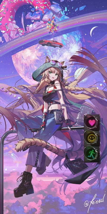 猫耳少女坐栏杆甜酷风粉紫梦幻动漫手机壁纸