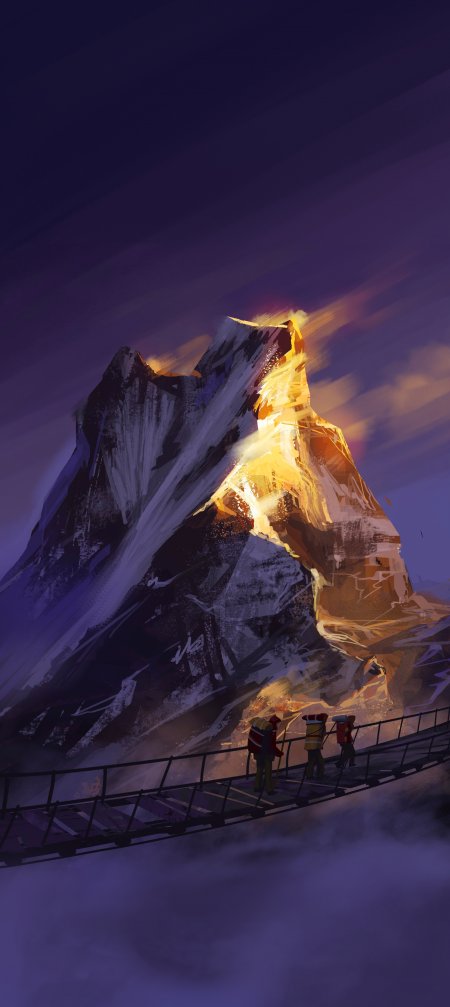 雪山峰顶金光迸裂紫夜悬桥三人行暗紫奇幻风景手机壁纸