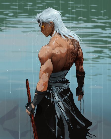 银发赤瞳武士持刀雨中伫立青灰动漫手机壁纸