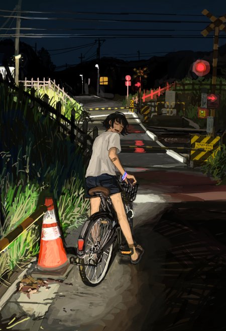 夜晚铁路道口短发少女骑单车回眸微笑暗蓝暖光动漫手机壁纸
