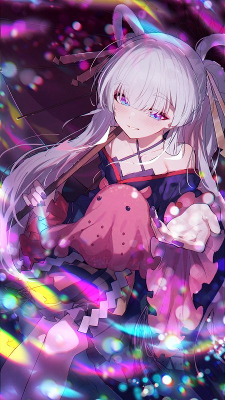 银发双马尾紫瞳少女怀抱章鱼玩偶霓虹光斑梦幻动漫手机壁纸