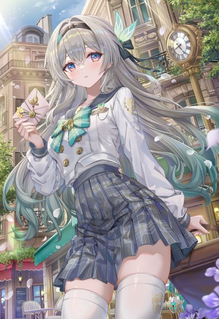 银发异色瞳少女手持信封巴黎街景蓝绿白动漫手机壁纸