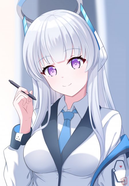 银发紫瞳少女手持数位笔蓝白制服动漫手机壁纸