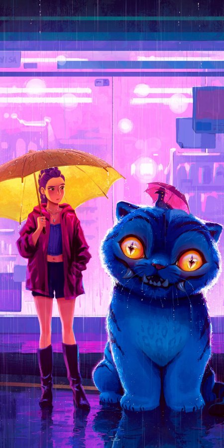 雨夜少女持伞与蓝猫相伴紫粉霓虹动漫手机壁纸
