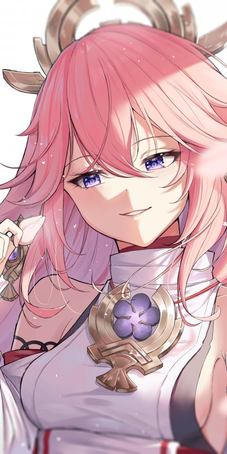 原神八重神子粉发紫瞳微笑少女动漫手机壁纸