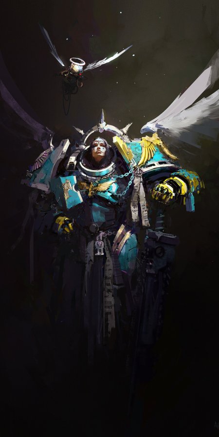 战锤40K天使战士蓝金装甲展翼暗黑奇幻手机壁纸