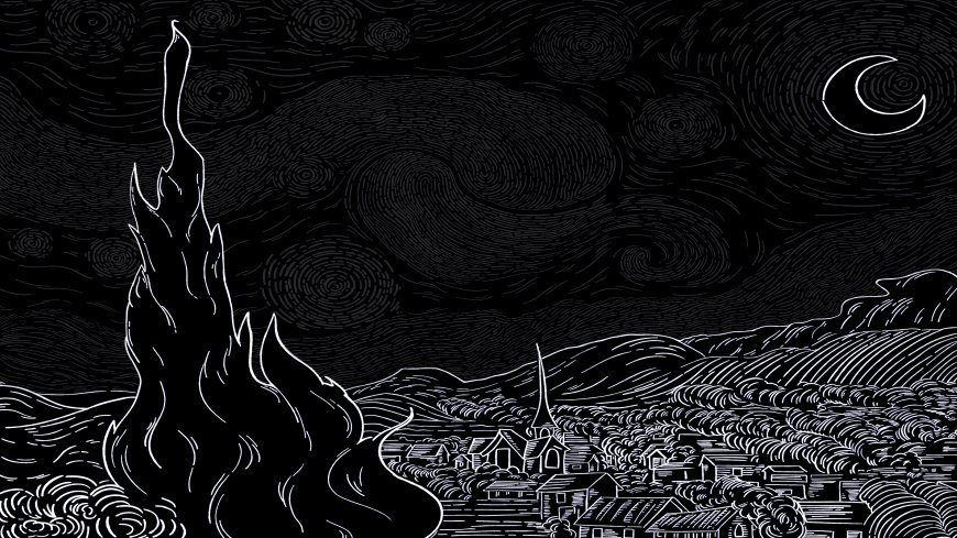 暗夜漩涡火焰山丘小镇黑白线条艺术插画电脑壁纸
