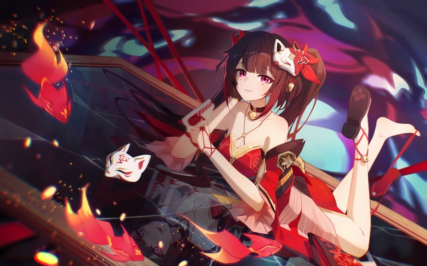崩坏星穹铁道 花火红衣狐面少女持枪躺卧紫蓝幻彩动漫电脑壁纸