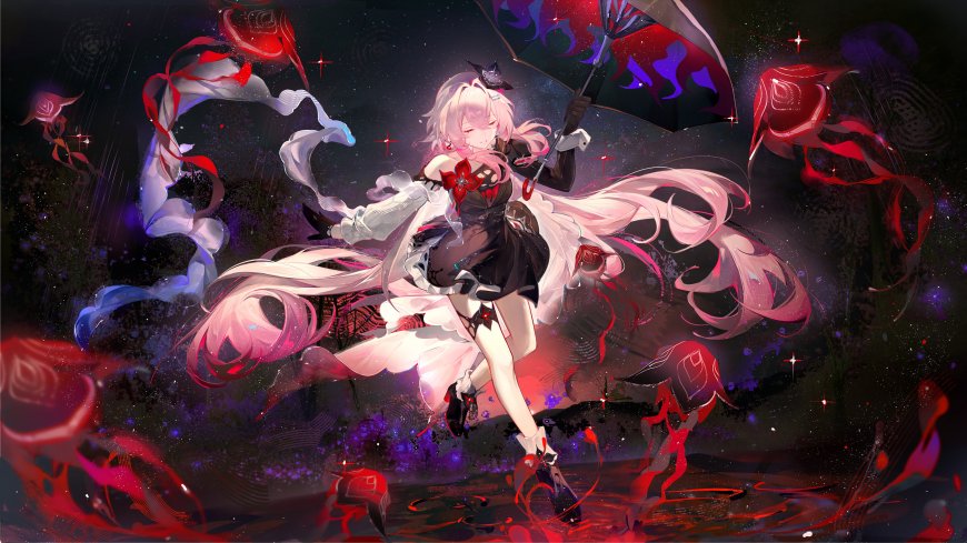 崩坏星穹铁道长夜月红黑战裙持伞跃动暗紫星辉动漫电脑壁纸