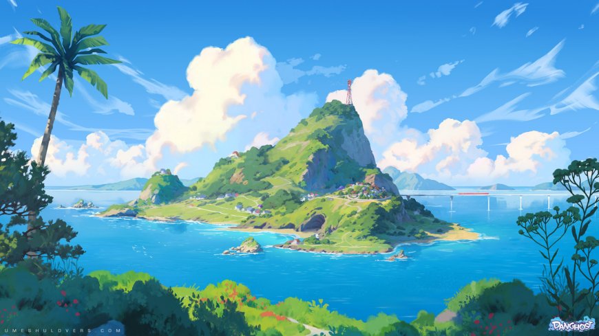 碧海蓝天绿岛椰林白云飘逸清新插画电脑壁纸