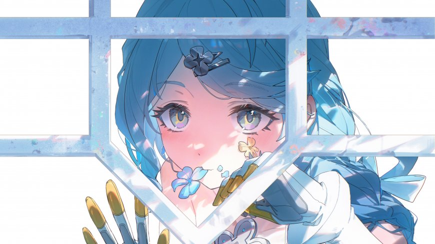 初音未来蓝发少女透过窗格凝视蓝白清新动漫电脑壁纸