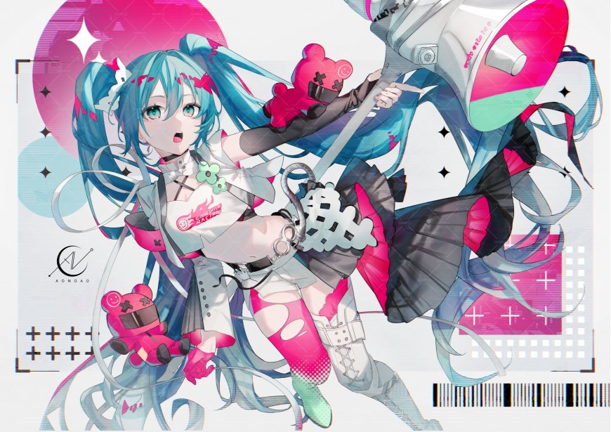 初音未来蓝发双马尾持扩音器粉黑科技风动漫电脑壁纸