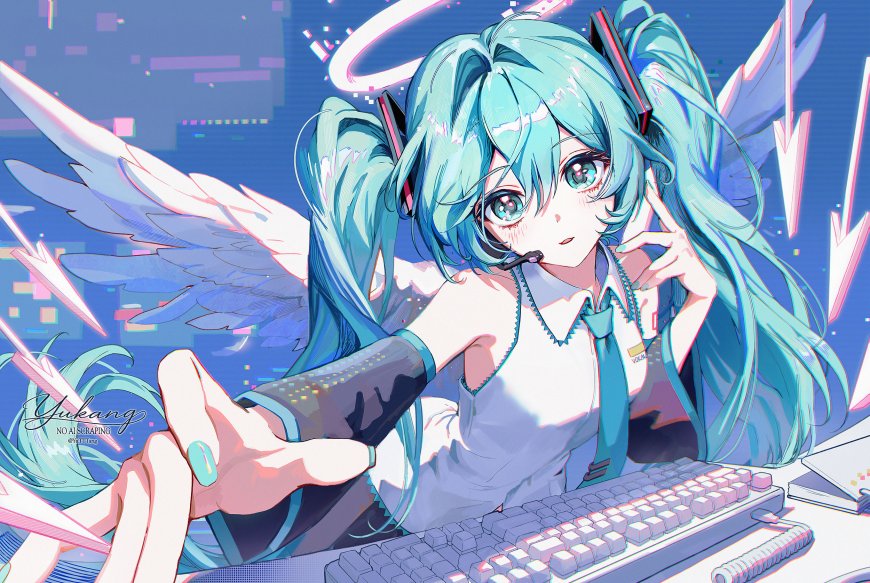 初音未来蓝发双马尾天使翅膀键盘前伸手蓝紫动漫电脑壁纸