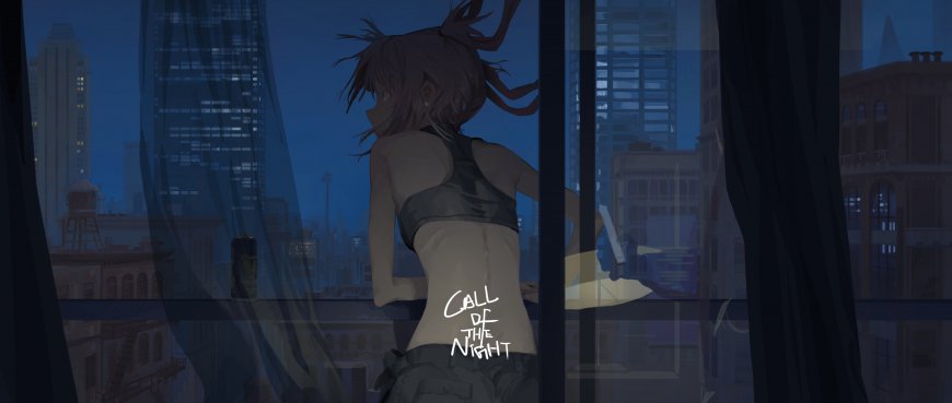 动漫角色少女背影望夜景蓝紫插画电脑壁纸