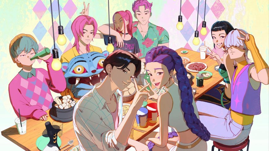 动漫角色聚会餐桌场景粉紫菱格背景多彩人物群像动漫电脑壁纸
