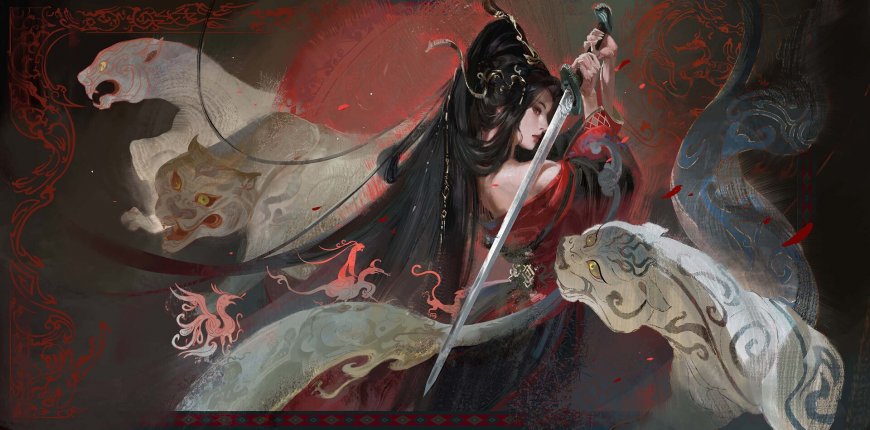 古风黑发红衣持剑少女与白虎灵兽暗红玄幻电脑壁纸