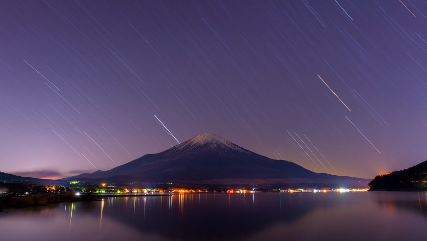富士山夜景星轨倒影湖面紫蓝风景电脑壁纸