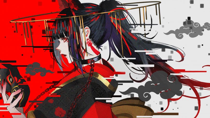 黑发红瞳和风少女持面具侧颜红黑艺术动漫电脑壁纸