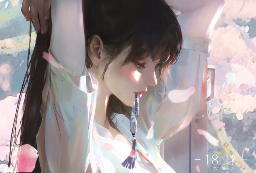 黑发少女白衣持扇侧颜粉白柔光动漫电脑壁纸