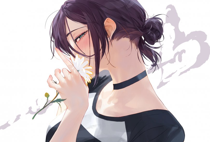 黑发少女手持雏菊侧脸微羞粉白动漫电脑壁纸